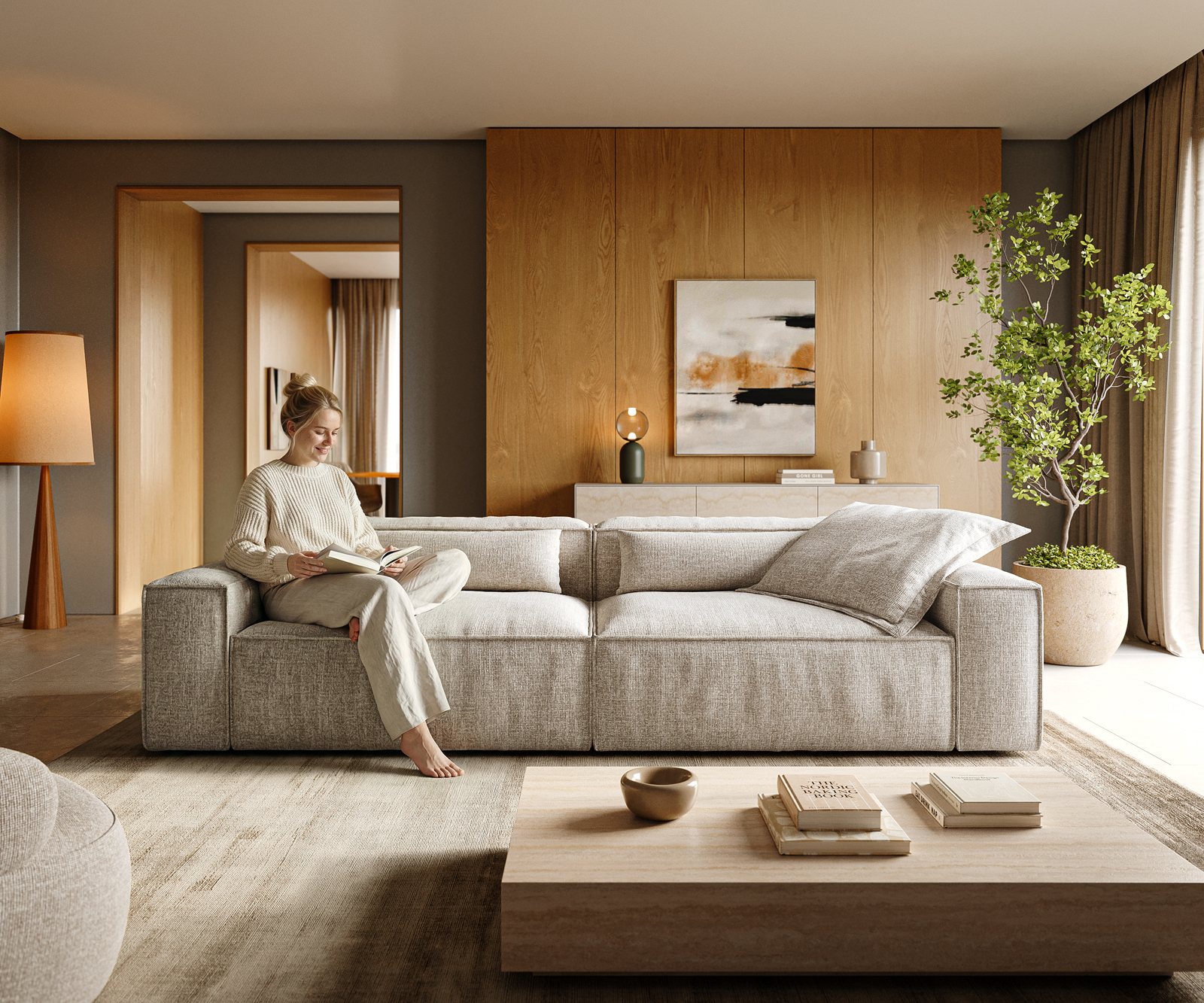 Nagy kanapé Freestyle 280x110 cm szövött szövet puha bézs szegélyvarrás - Image 2