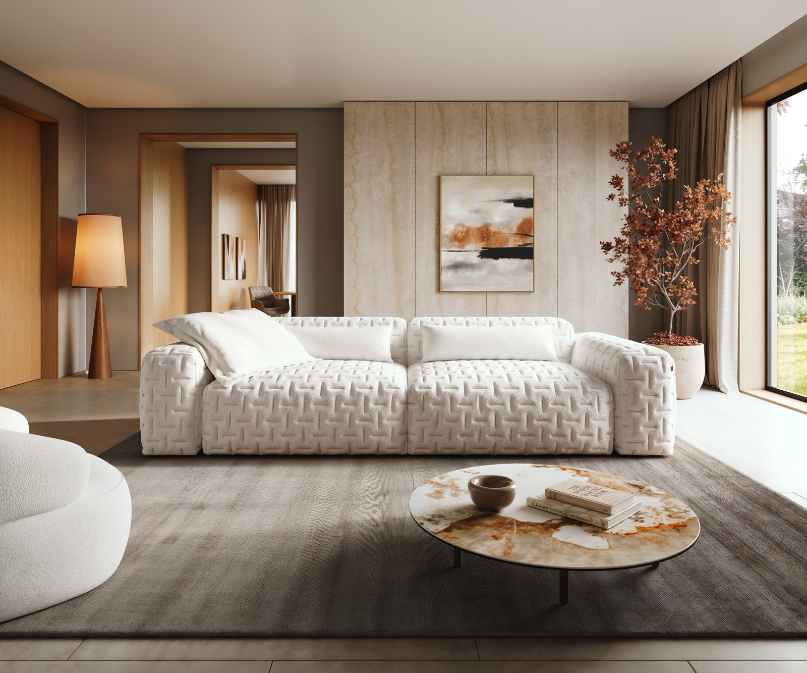 Nagy kanapé Freestyle 280x110 cm bouclé puha bézs steppelt - Image 2