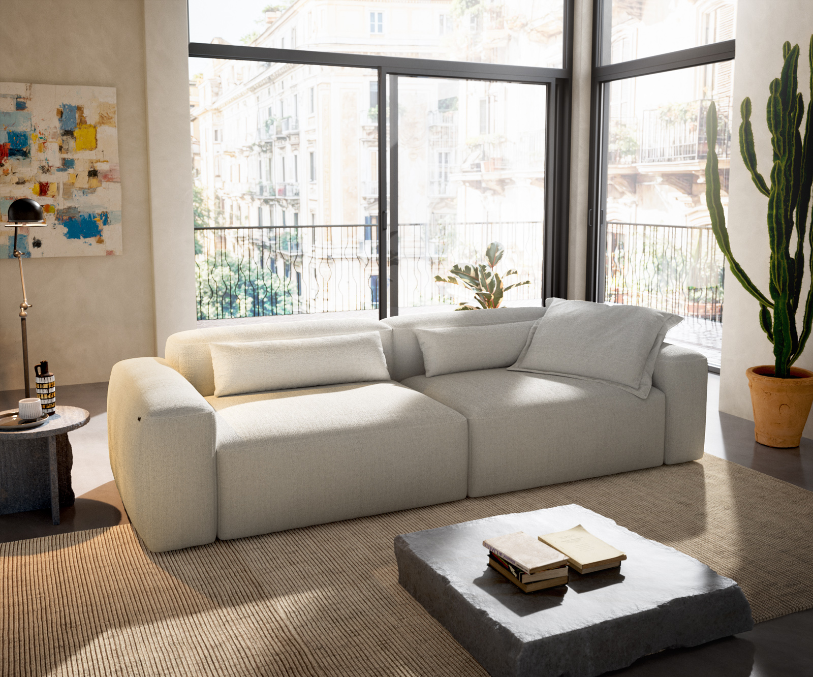 Nagy kanapé Freestyle 280x110 cm bouclé puha bézs varrással - Image 2