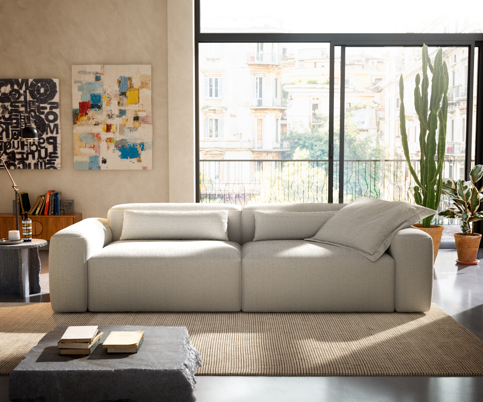 Nagy kanapé Freestyle 280x110 cm bouclé puha bézs varrással - Image 4