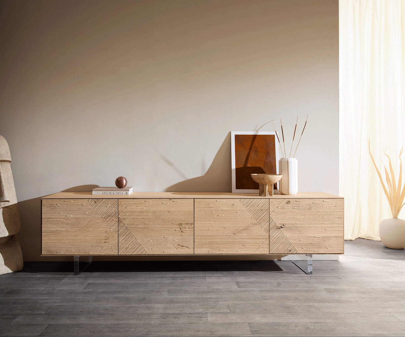 TV szekrény Tereos 220 cm tölgy természetes 3D hatás 4 ajtós lebegő láb akrilüveg - Image 5