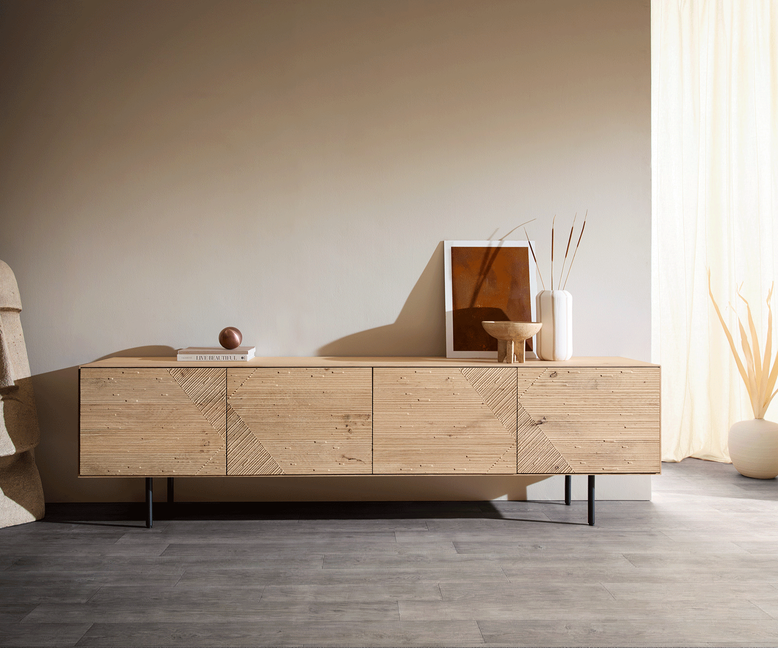 TV szekrény Tereos 220 cm tölgy természetes 3D hatás 4 ajtós kerek fém láb fekete - Image 5