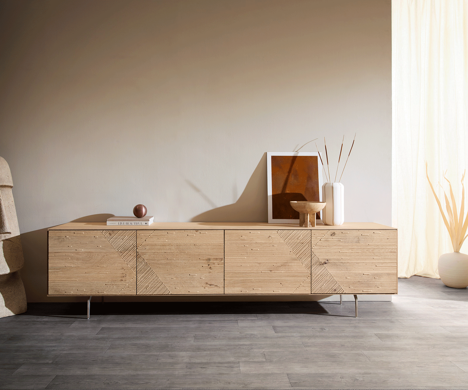 TV szekrény Tereos 220 cm tölgy természetes 3D hatás 4 ajtós szögletes láb szálcsiszolt rozsdamentes acél - Image 5