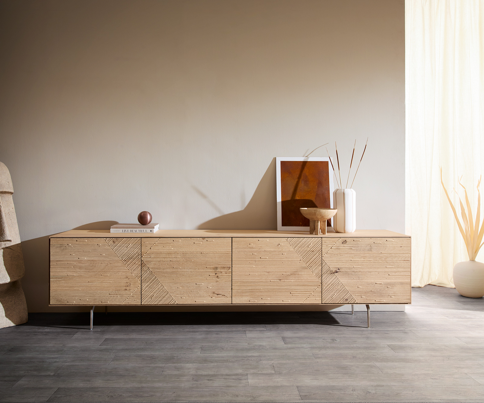 TV szekrény Tereos 220 cm tölgy természetes 3D hatás 4 ajtós szögletes láb szálcsiszolt rozsdamentes acél - Image 2