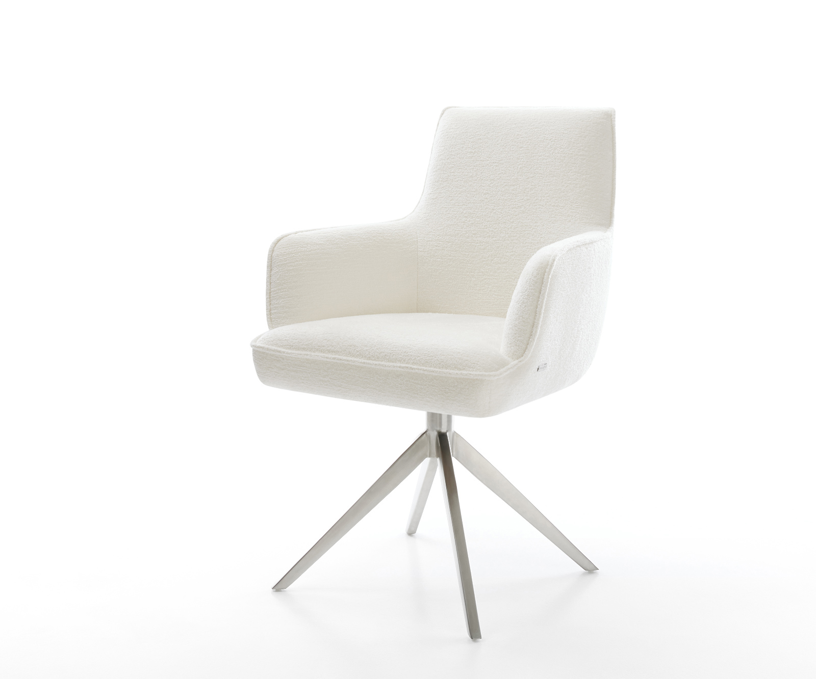 Étkezőszék Heira-Flex karfás bouclé puha bézs kereszt láb széles rozsdamentes acél 360° forgatható billenő zsákrugós matrac