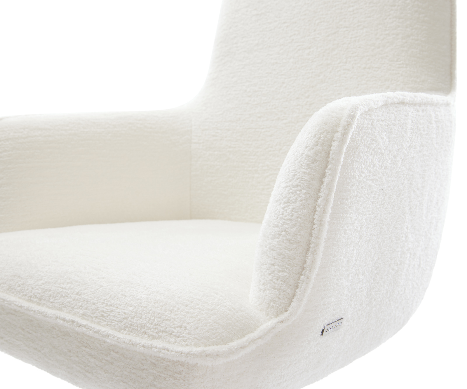 Étkezőszék Heira-Flex karfás bouclé puha bézs kereszt láb széles rozsdamentes acél 360° forgatható billenő zsákrugós matrac - Image 4