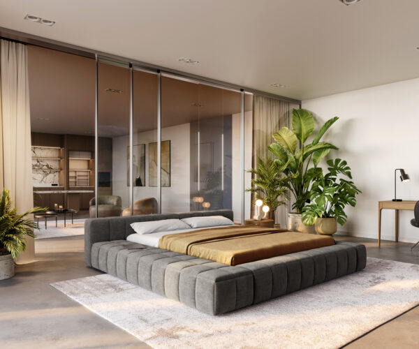 Kárpitozott ágy Espazio 180x200 cm bouclé puha sötét bézs