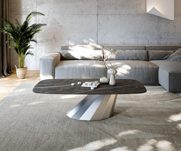 Dohányzóasztal Edge hajóformájú 140x80 cm Laminam® kerámia Noir Desir barna Parabi rozsdamentes acél szálcsiszolt