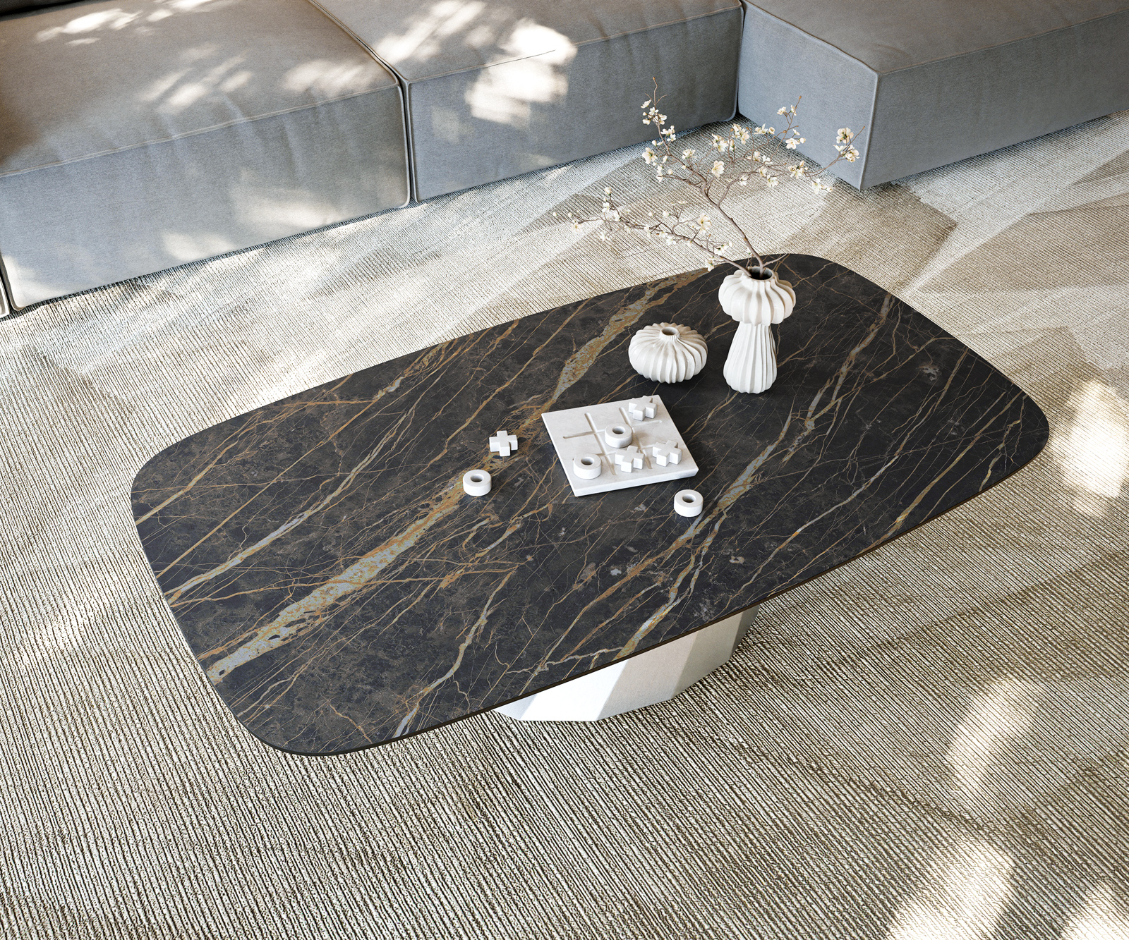 Dohányzóasztal Edge hajóformájú 140x80 cm Laminam® kerámia Noir Desir barna Parabi rozsdamentes acél szálcsiszolt - Image 6