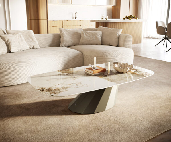 Dohányzóasztal Edge hajóformájú 140x80 cm kerámia Minas melange Parabi fém titán színű effektfinish