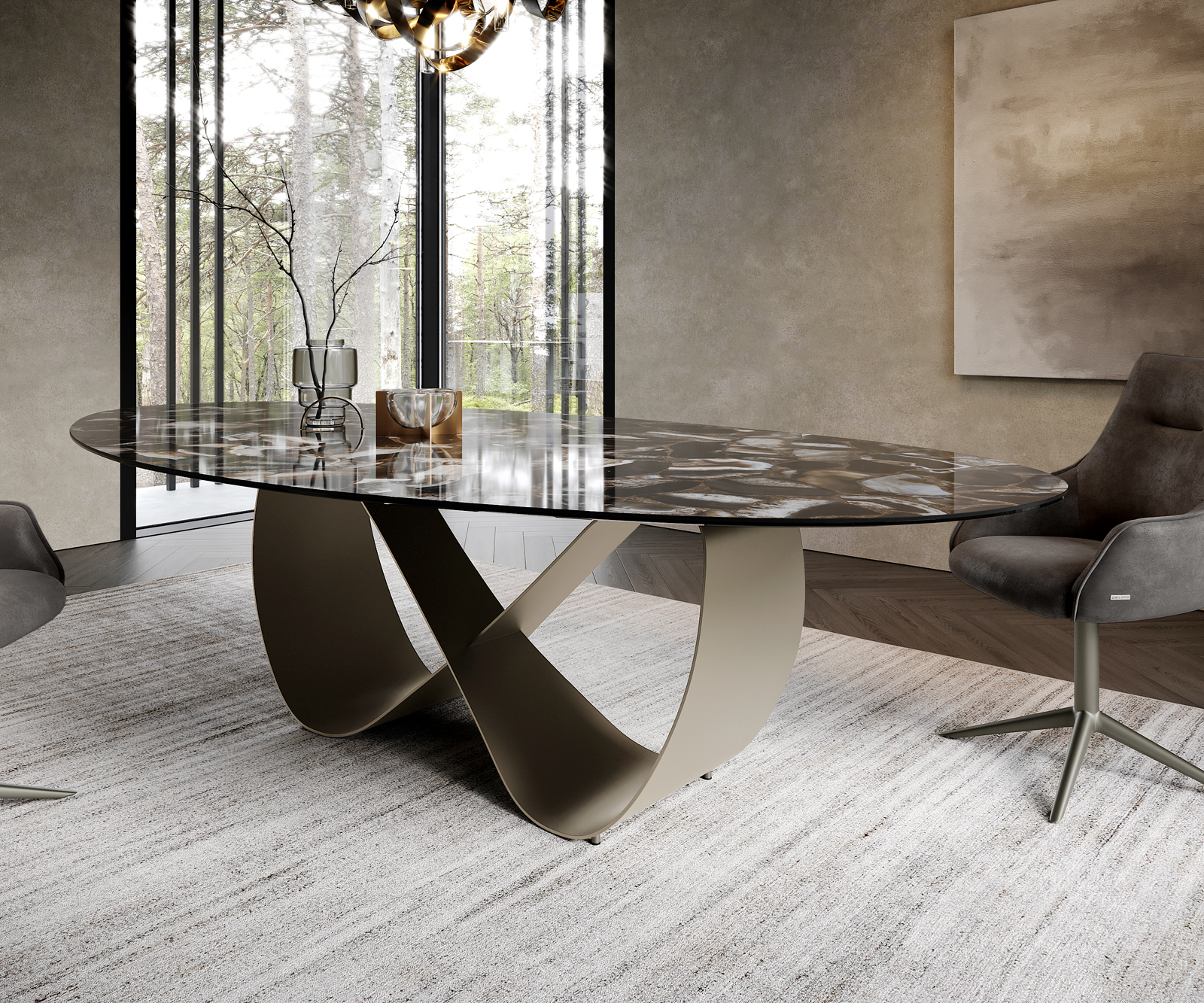 Étkezőasztal Edge ovális 280x130 cm kerámia Iris FMG Agatablack Infinity fém titán színű effektfinish - Image 6