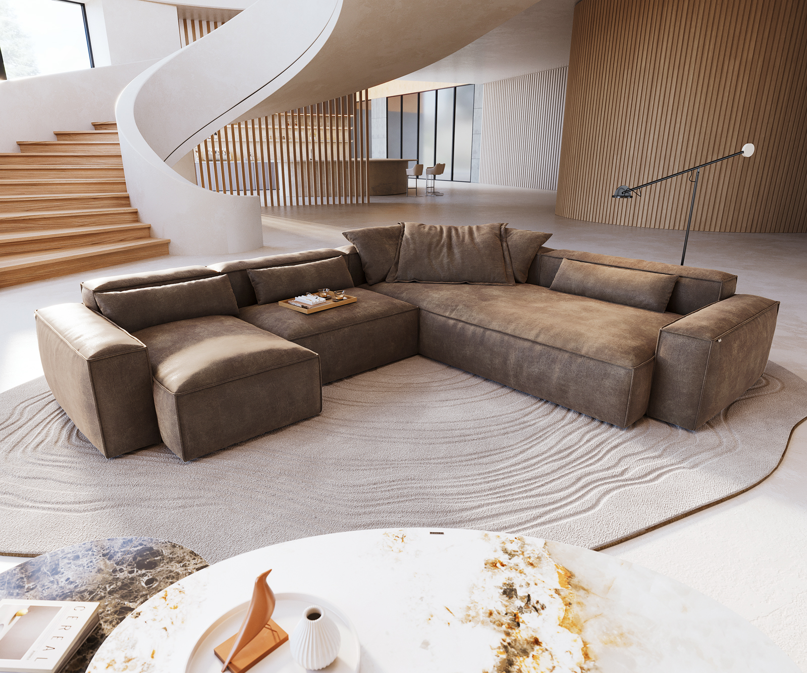 "U" alakú kanapé Freestyle 360x290 cm mikroszálas taupe vintage szegélyvarrás