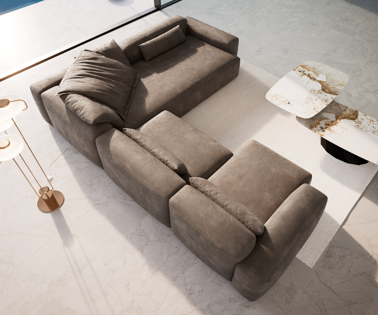 "U" alakú kanapé Freestyle 360x290 cm mikroszálas taupe vintage kappvarrás - Image 4