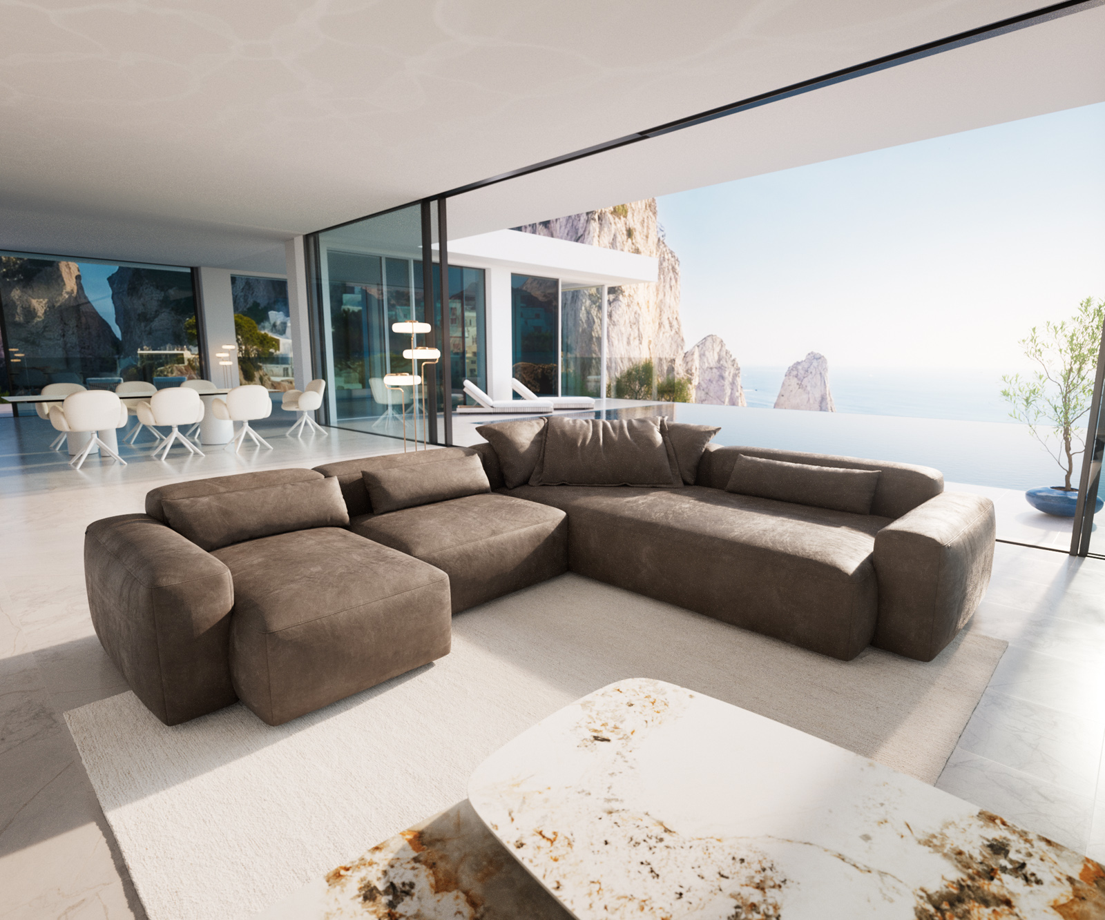 "U" alakú kanapé Freestyle 360x290 cm mikroszálas taupe vintage kappvarrás