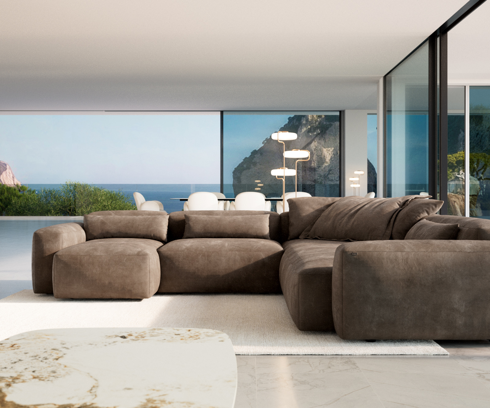 "U" alakú kanapé Freestyle 360x290 cm mikroszálas taupe vintage kappvarrás - Image 2