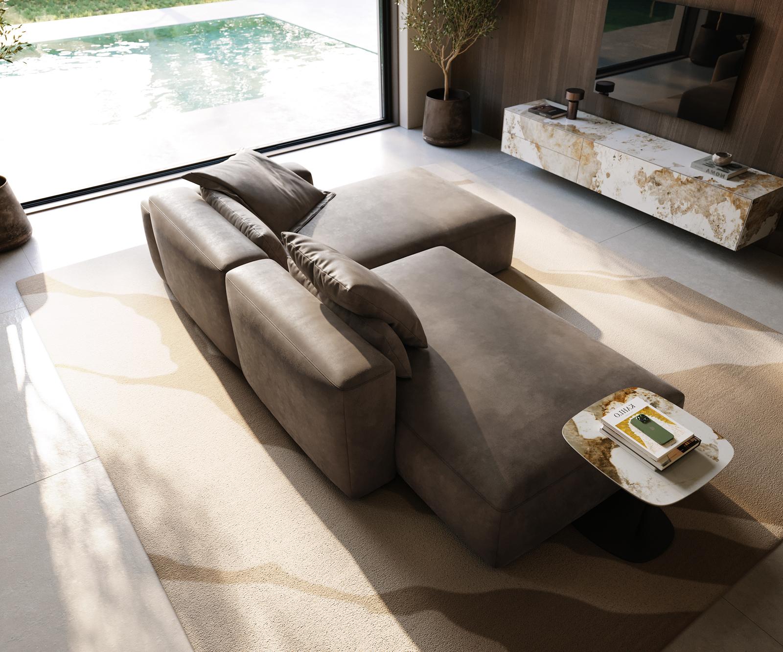 Sarokkanapé Freestyle 310x200 cm mikroszálas taupe vintage kápnahajtás - Image 4