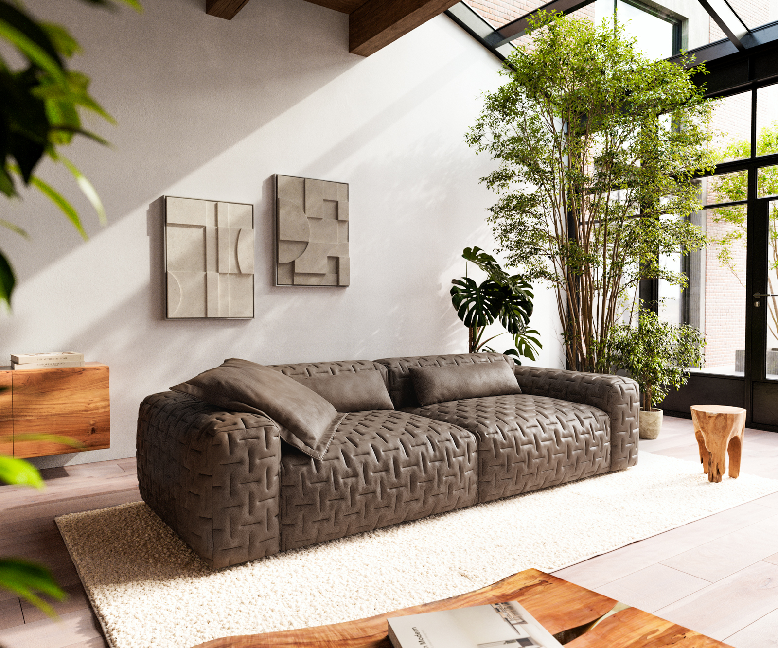 Nagy kanapé Freestyle 280x110 cm mikroszálas taupe vintage steppelt