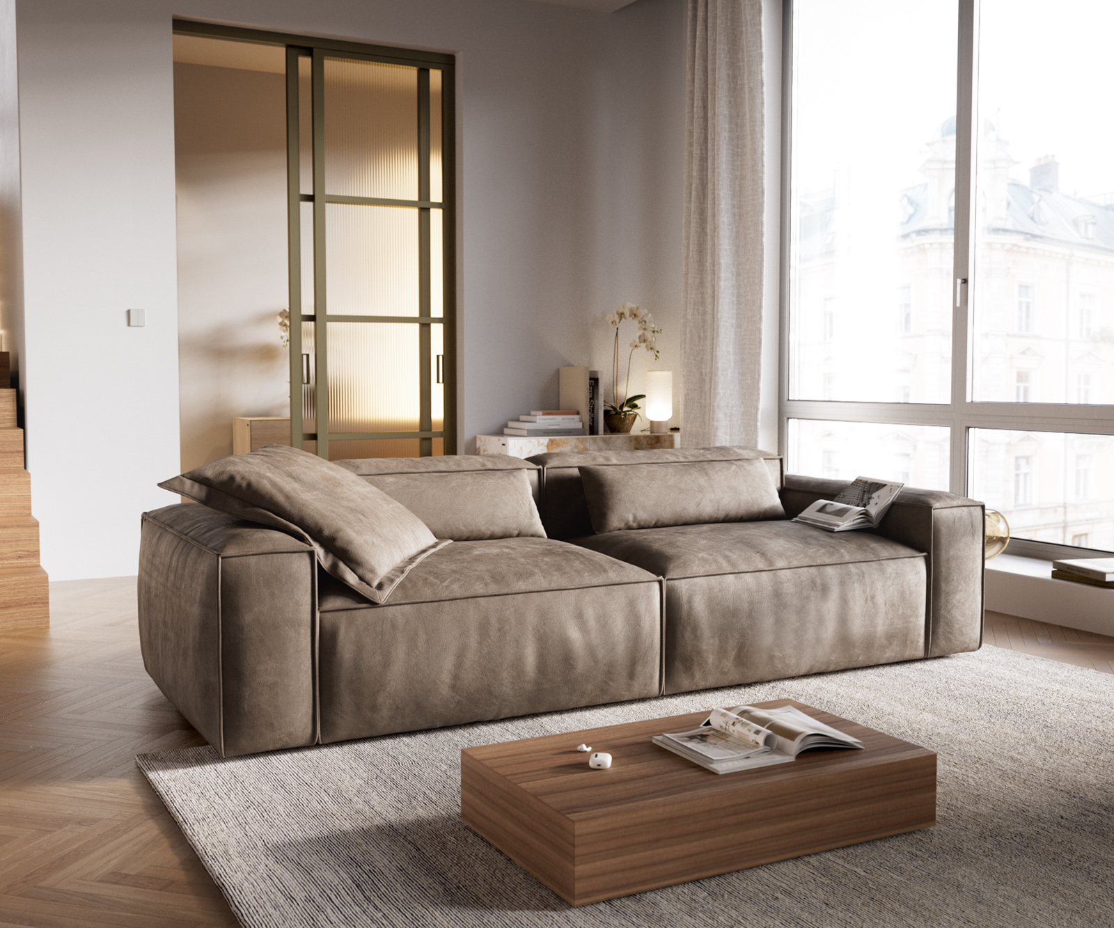 Nagy kanapé Freestyle 280x110 cm mikroszálas taupe vintage szegélyvarrás - Image 2