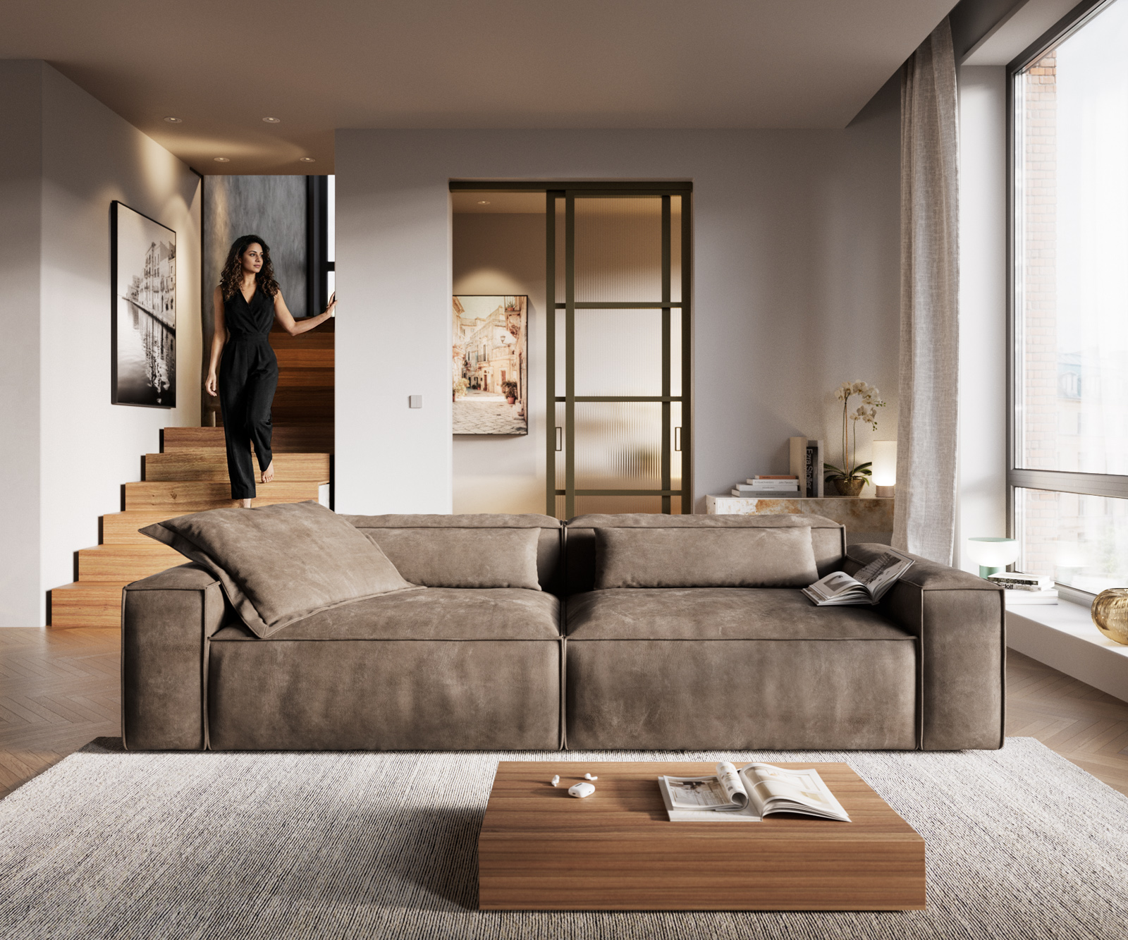 Nagy kanapé Freestyle 280x110 cm mikroszálas taupe vintage szegélyvarrás