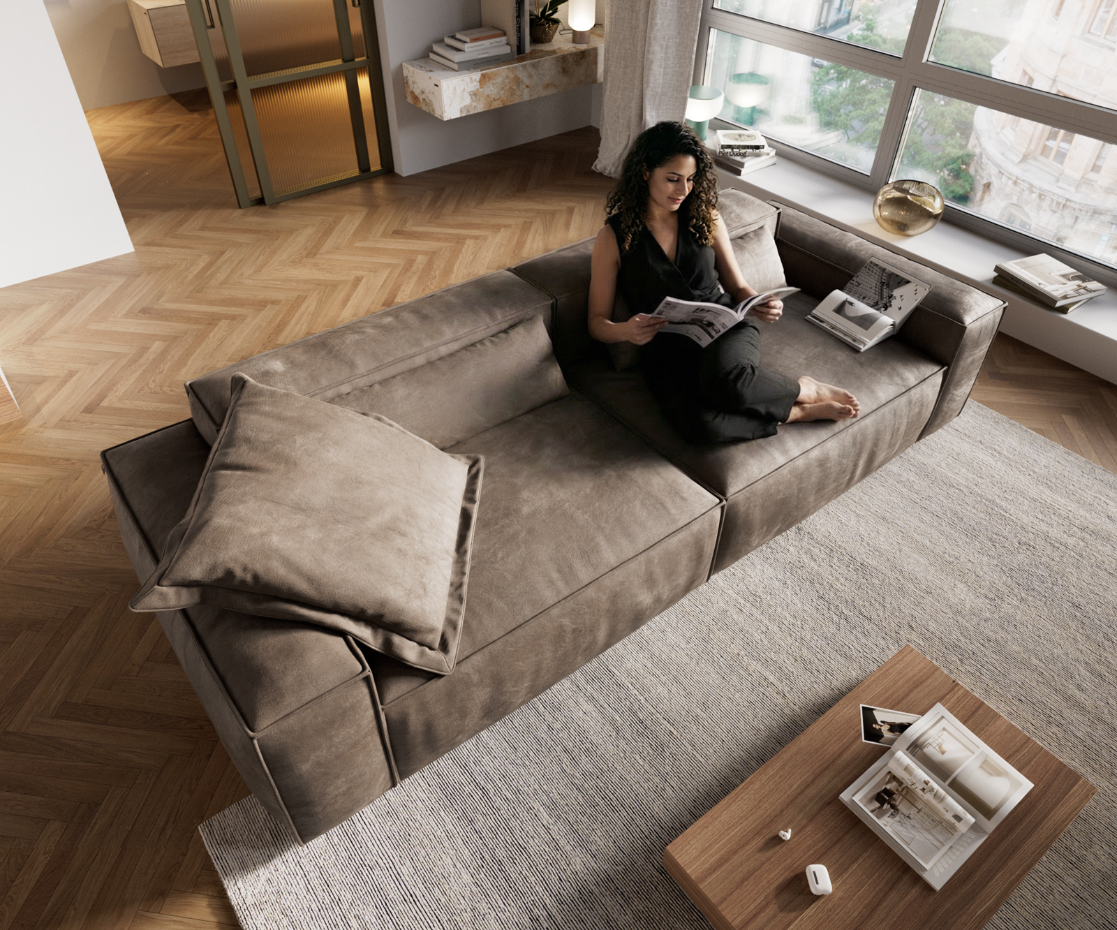 Nagy kanapé Freestyle 280x110 cm mikroszálas taupe vintage szegélyvarrás - Image 4