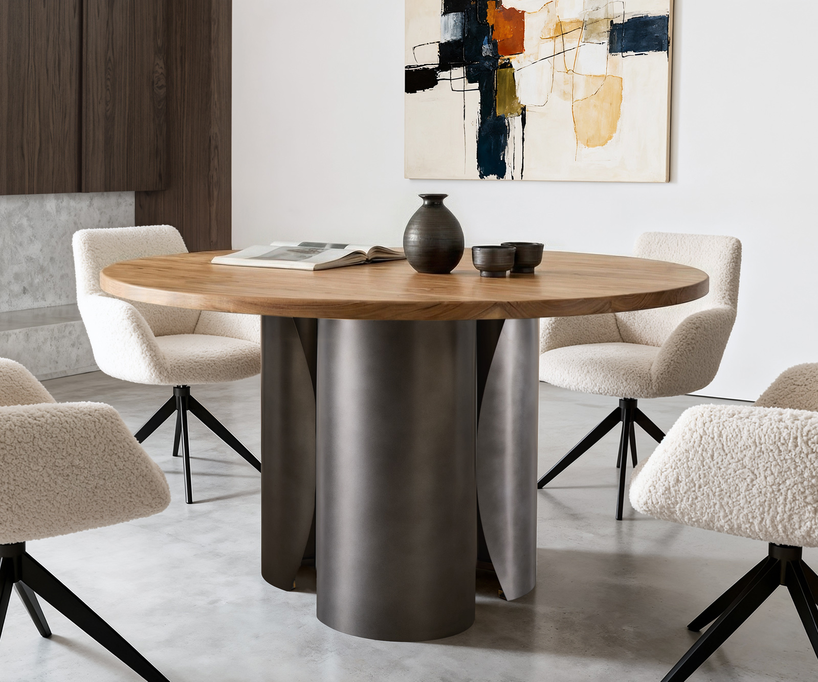 Étkezőasztal Adenza kerek 140x140 cm akác természetes fém fekete vintage