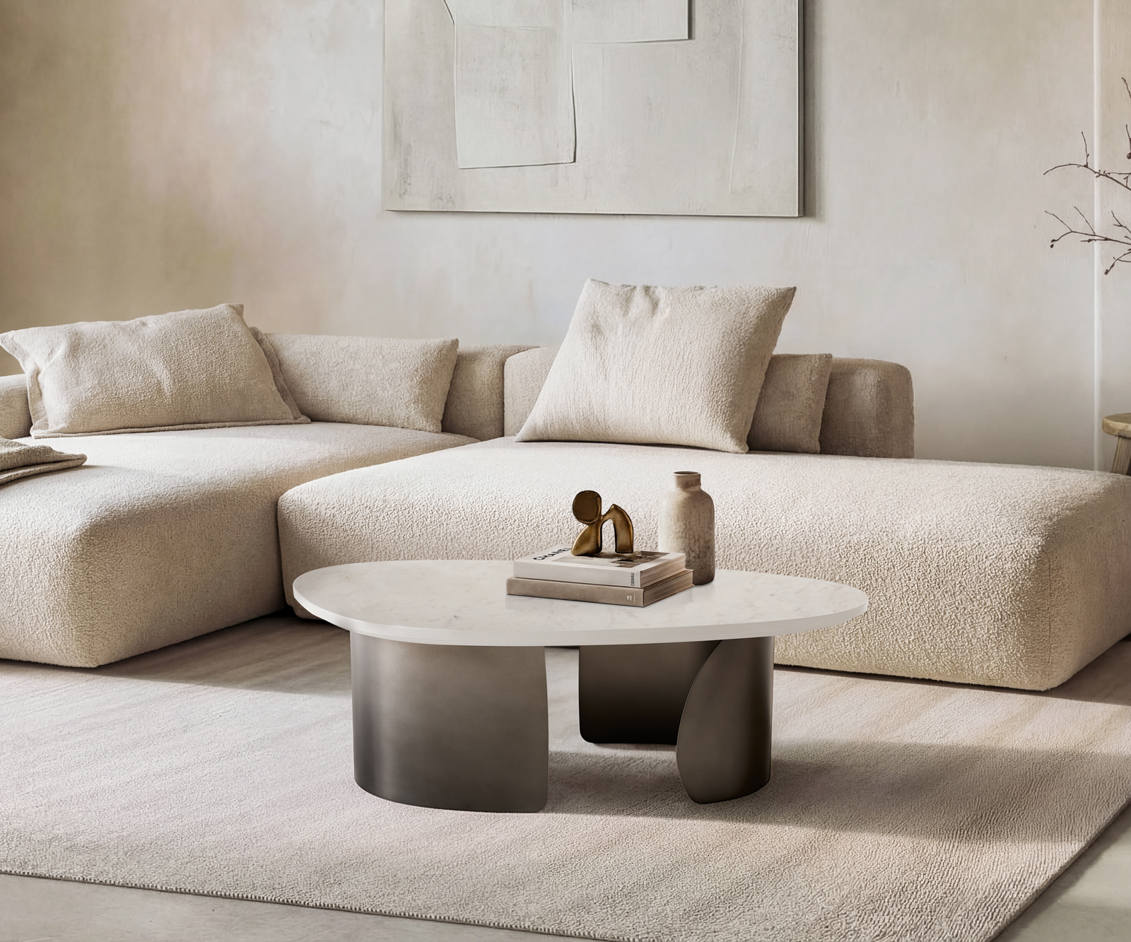 Dohányzóasztal Marvello 100x50 cm márvány fehér fém fekete vintage