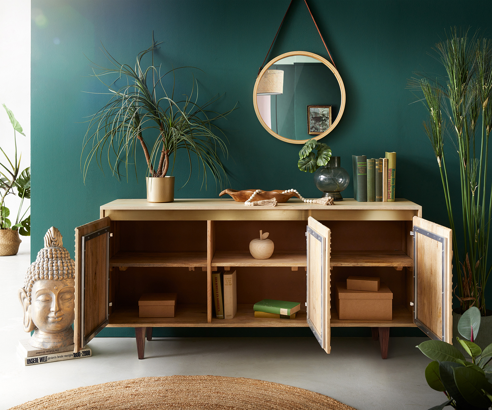 Komód Budaya 150 cm mango természetes 3 ajtós négyzet alakú láb - Image 6