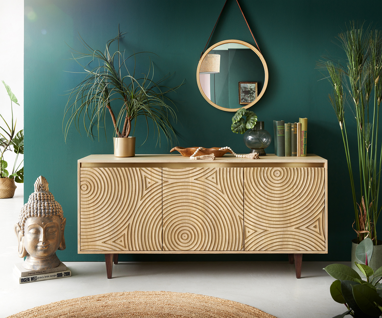 Komód Budaya 150 cm mango természetes 3 ajtós négyzet alakú láb - Image 2