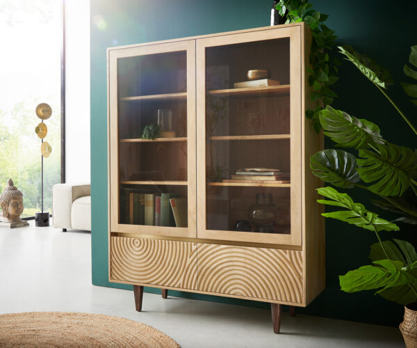 Vitrin Budaya 115x135 cm mango természetes 4 ajtós négyzet alakú láb