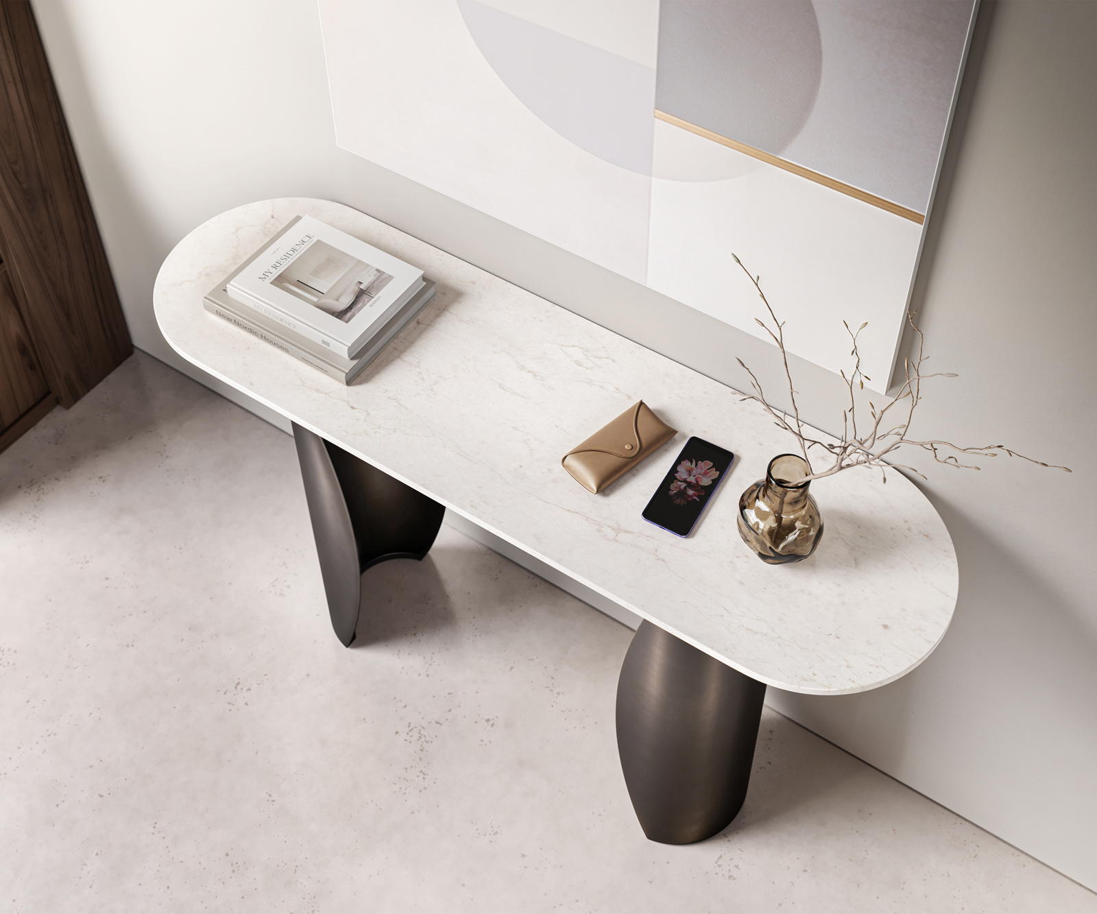 Konzolasztal Solena 135x40 cm márvány fehér fém fekete vintage - Image 4