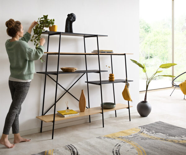 Könyvespolc Mikkusu 185x160 cm bambusz természetes mango fekete 5 rakodófelület fém fekete