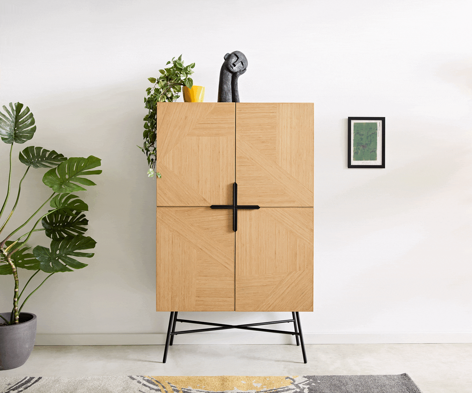 Szekrény Mikkusu 90x150 cm bambusz természetes mango fekete 4 ajtós fém fekete - Image 2