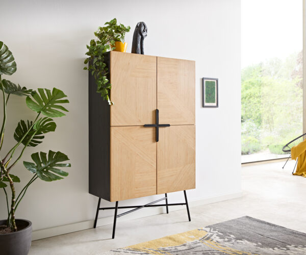 Szekrény Mikkusu 90x150 cm bambusz természetes mango fekete 4 ajtós fém fekete