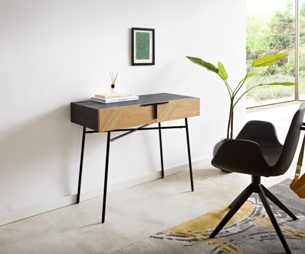 Konzolasztal Mikkusu 90x45 cm bambusz természetes mango fekete 2 fiókos fém fekete