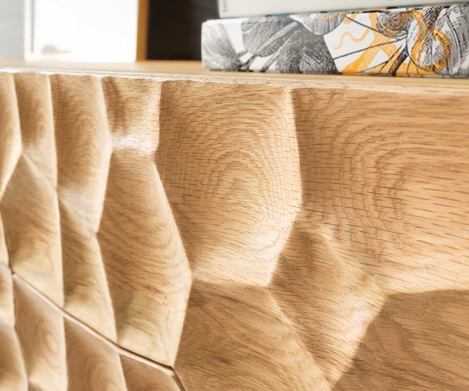 TV szekrény Solu 175 cm tölgy természetes 2 ajtós 2 fiókos lebegő fém láb fekete 3D előlap - Image 7