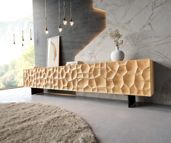 TV szekrény Solu 260 cm tölgy természetes 2 ajtós 6 fiókos lebegő fém láb fekete 3D előlap