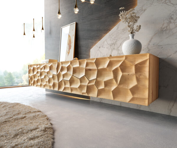 TV szekrény Solu 220 cm tölgy természetes 2 ajtós 4 fiókos lebegő 3D előlap