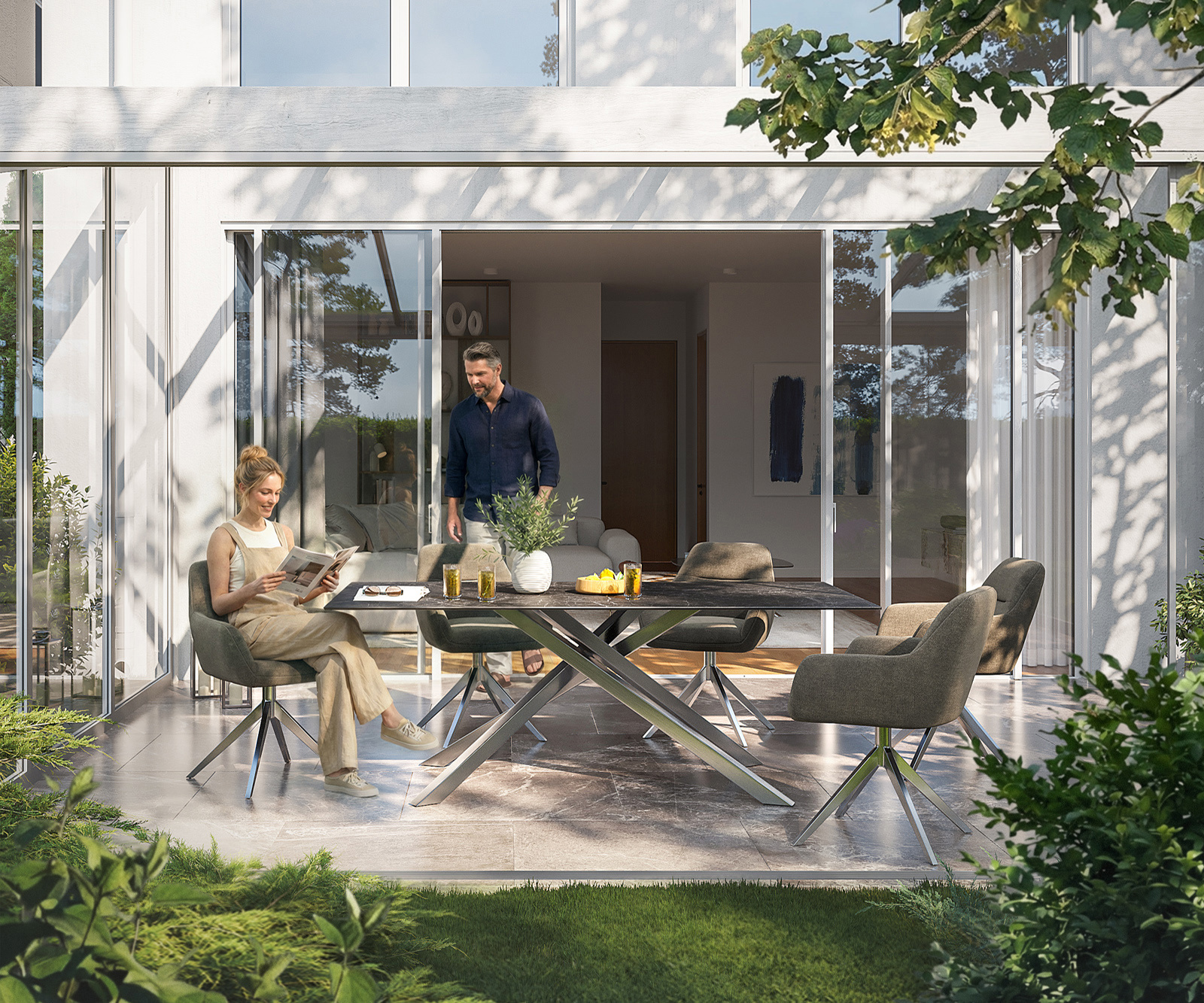 Kültéri étkezőasztal Edge 200x100 cm kerámia Laminam® Nero Greco antracit kereszt láb téglalap alakú rozsdamentes acél