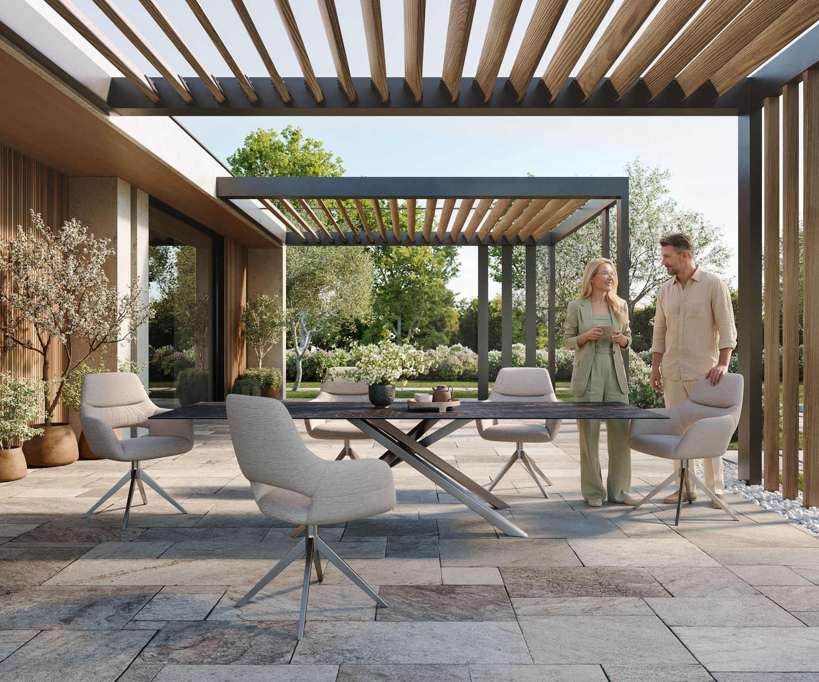 Kültéri étkezőasztal Edge 300x100 cm Laminam® Nero Greco antracit kerámia kereszt láb rozsdamentes acél - Image 2