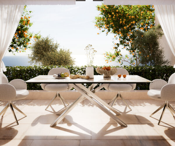 Kültéri étkezőasztal Edge 200x100 cm kerámia Minas melange fehér-bézs kereszt láb téglalap rozsdamentes acél