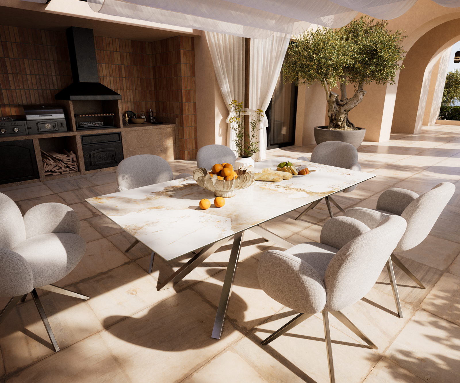 Kültéri étkezőasztal Edge 200x100 cm kerámia Minas melange fehér-bézs kereszt láb téglalap rozsdamentes acél - Image 2