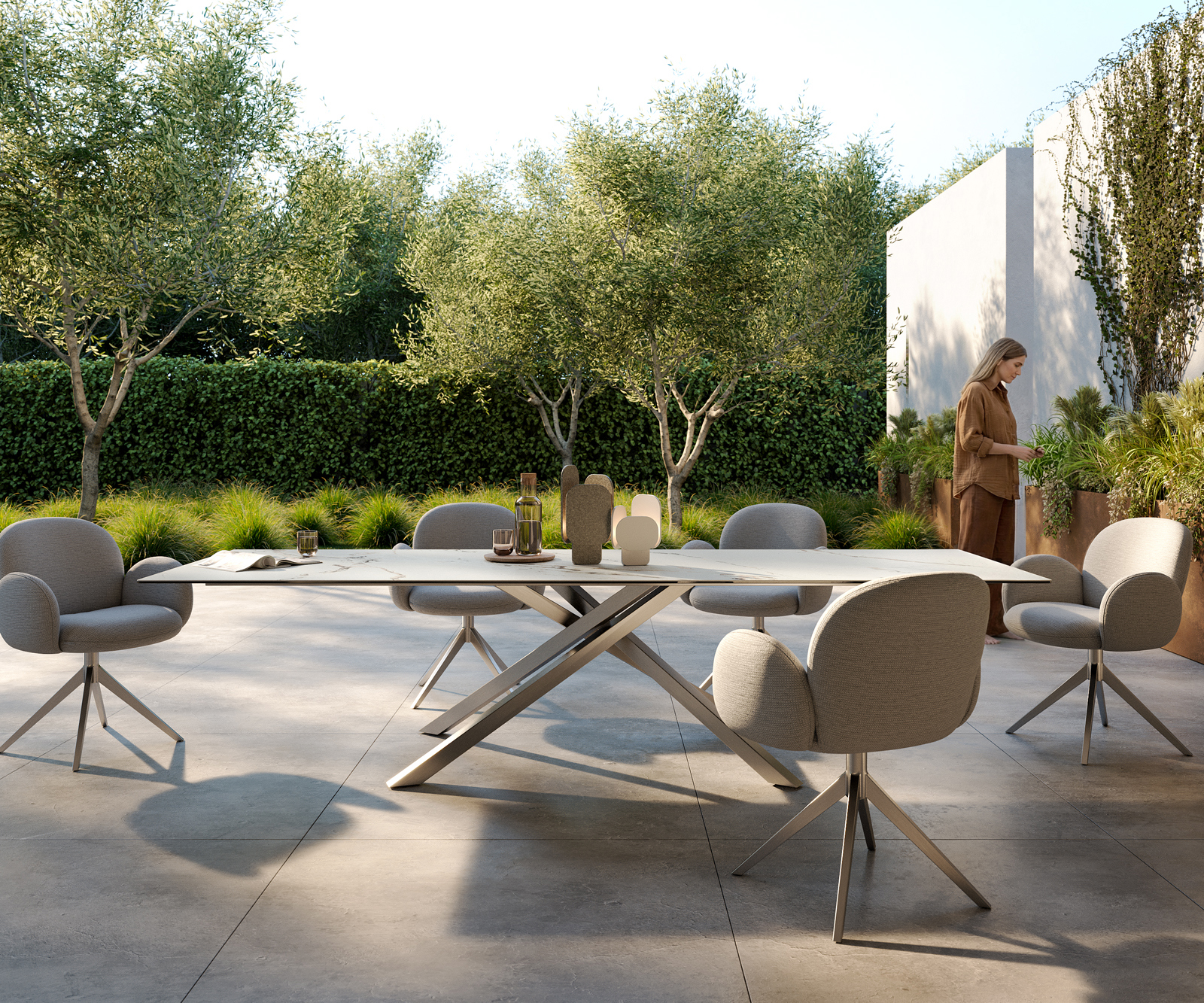 Kültéri étkezőasztal Edge 300x100 cm kerámia Calacatta Luxe fehér arany szürke kereszt láb téglalap alakú rozsdamentes acél - Image 2