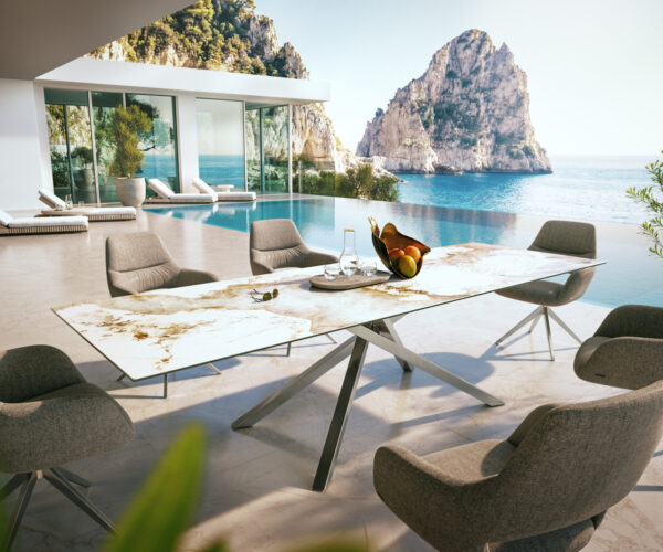 Kültéri étkezőasztal Edge 300x100 cm kerámia Minas melange fehér-bézs kereszt láb téglalap alakú rozsdamentes acél