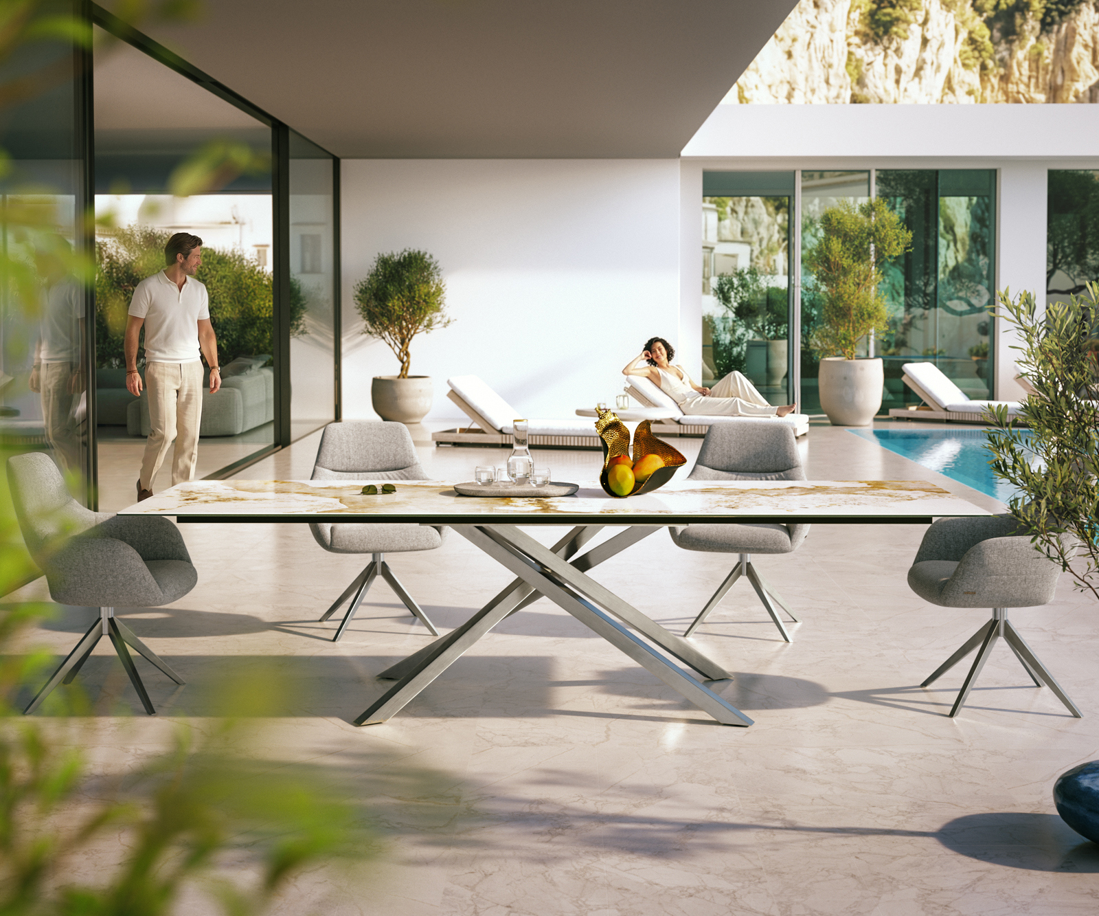 Kültéri étkezőasztal Edge 300x100 cm kerámia Minas melange fehér-bézs kereszt láb téglalap alakú rozsdamentes acél - Image 2