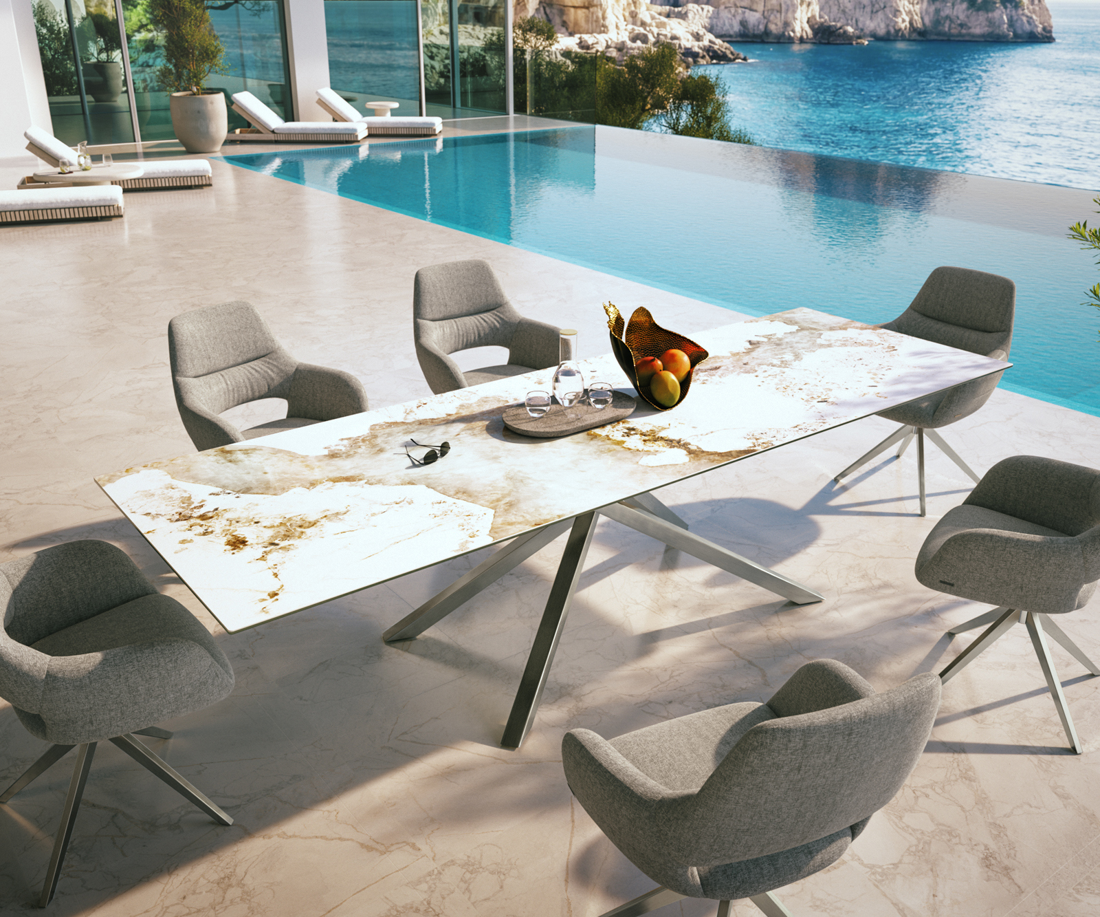 Kültéri étkezőasztal Edge 300x100 cm kerámia Minas melange fehér-bézs kereszt láb téglalap alakú rozsdamentes acél - Image 4