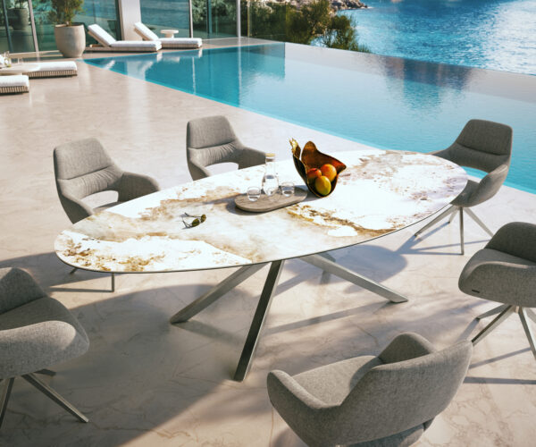 Kültéri étkezőasztal Edge ovális 280x130 cm kerámia Minas melange fehér-bézs kereszt láb téglalap rozsdamentes acél