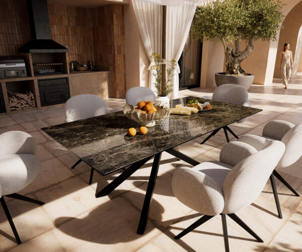 Kültéri étkezőasztal Edge 200x100 cm Laminam® Emperador extra polírozott sötétbarna kerámia kereszt láb téglalap fekete