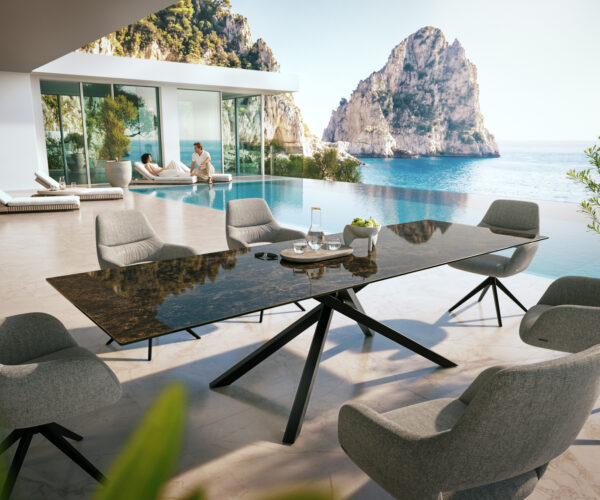 Kültéri étkezőasztal Edge 300x100 cm kerámia Laminam® Emperador Extra Lucidato sötétbarna kereszt láb téglalap alakú fekete