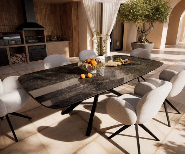 Kültéri étkezőasztal Edge hajóformájú 240x120 cm Laminam® Emperador extra fényes sötétbarna kereszt láb fekete