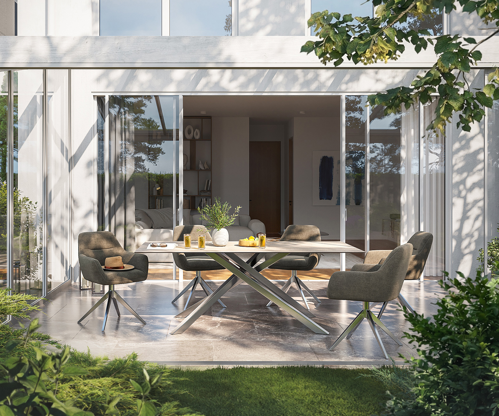 Kültéri étkezőasztal Edge 200x100 cm kerámia Laminam® Travertino Bianco krémfehér kereszt láb téglalap alakú rozsdamentes acél - Image 2